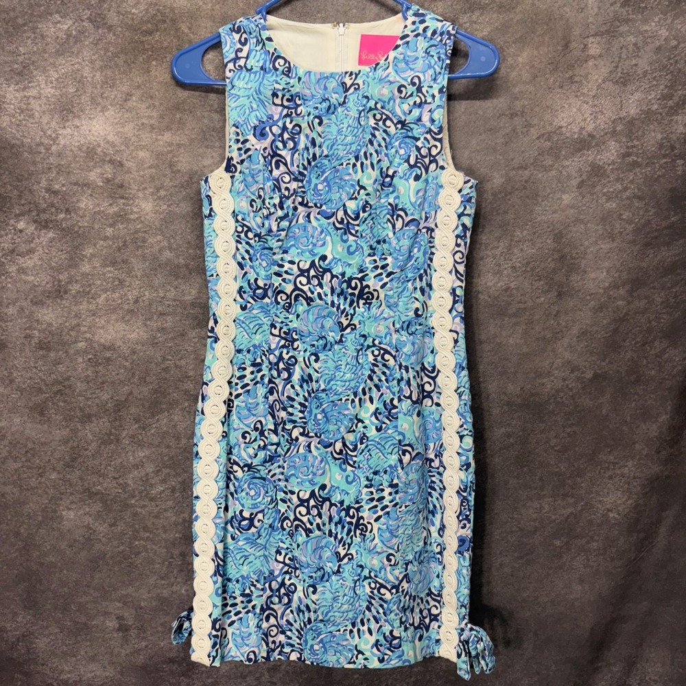 Lilly Pulitzer Mila Shift Dress Size 00 Blue Light Aqua Spritz Shell Print